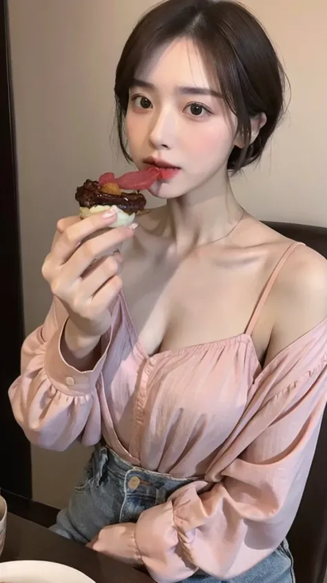 （real， High resolution：1.3）， short hair， Wearing a blouse，Small breasts、A dainty man dressed as a woman、Eating at home、Transsexual、The collarbone and hands are slightly muscular.、the skin is dark、Dark eyebrows