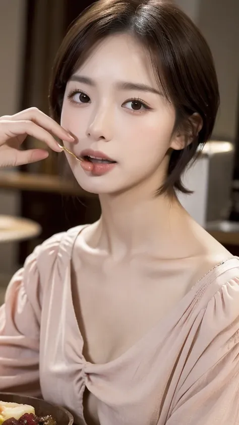 （real， High resolution：1.3）， short hair， Wearing a blouse，Small breasts、A dainty man dressed as a woman、Eating at home、Transsexual、The collarbone and hands are slightly muscular.、the skin is dark、Dark eyebrows