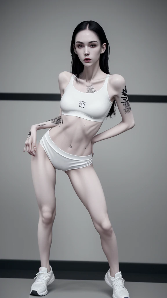 a very thin woman with visible bones, pale white skin, sweaty body, full body view , perfect body slim , sweaty weat body, wearing short sport pant and bra, tatto, in a prison(best quality,4k,8k,highres,masterpiece:1.2)