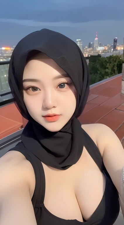 ((mid night、top-quality、8K、​masterpiece:1.3)), full bodyesbian, long legged, sharp focus:1.2, Beautiful woman with perfect body shape:1.4, Slender Abs:1.1, ((dark brown  hair、huge tit:1.2)), naked, hijab,  ((Night City View、On the rooftop:1.3)), Highly det...