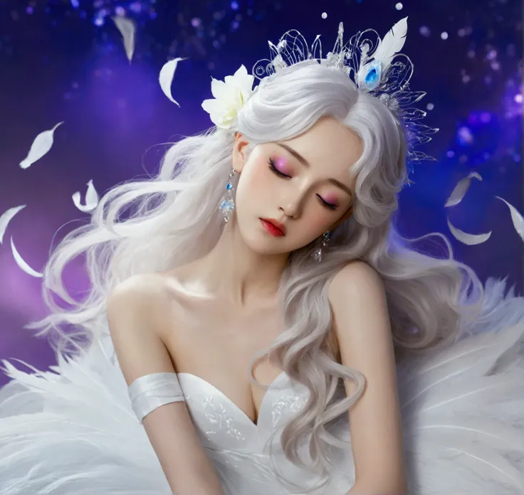 Masterpiece，Dazzling multicolored light，ultra detailed，A girl.，In the flowers，**** a sleeping princess，Earrings，White feather tulle，Long white eyelashes，Extra-long hair is slightly curly，White hair，(Hair takes up the entire frame)，a charming face，Glowing l...