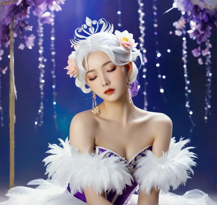 Masterpiece，Dazzling multicolored light，ultra detailed，A girl.，In the flowers，**** a sleeping princess，Earrings，White feather tulle，Long white eyelashes，Extra-long hair is slightly curly，White hair，(Hair takes up the entire frame)，a charming face，Glowing l...