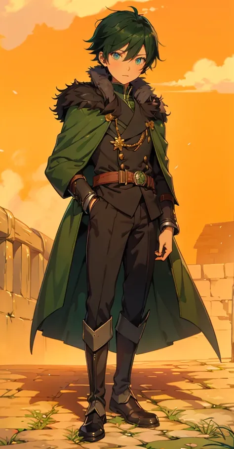 yuichiro hyakuya, (WithoutFear:1), 1 boy, black hair, green eyes, brown coat, gray armor, green shield, green cloak, dark brown gloves, town, white fur trim, tall, anime, standing, good quality, portrait, looking at viewer