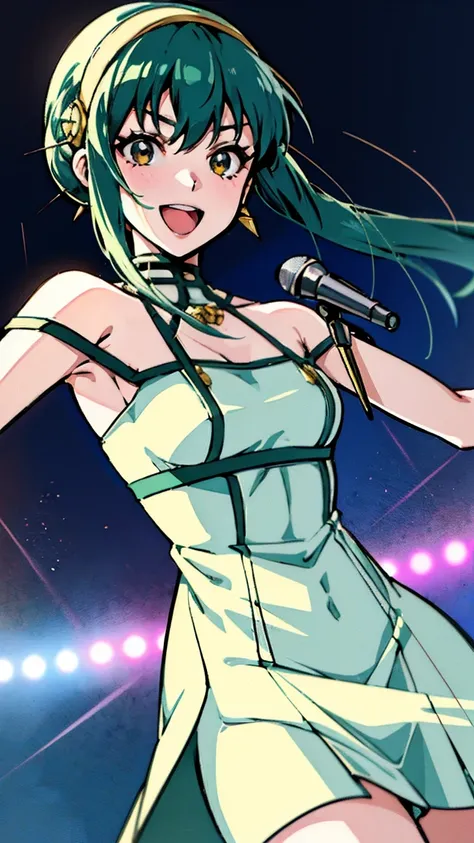 1 girl, anime woman with blue-green hair, arena, live music venue, singing, holding microphone, jumping, break anime style, anime style, young anime woman, smiling, semi short hair, digital anime illustration, bangs, crystal hair, shiny hair, break white d...