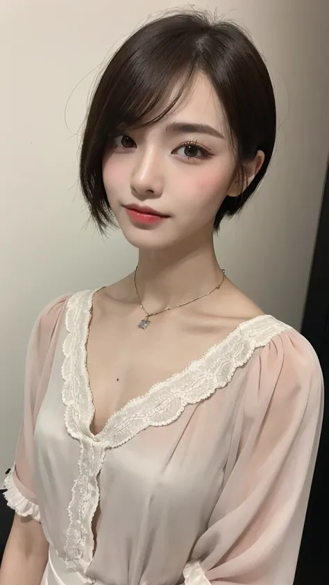 （real， High resolution：1.3）， short hair， Wearing a blouse、Cross-dressing man、In a dark room、Transsexual、Collarbone and hands are muscular、the skin is dark、Dark eyebrows