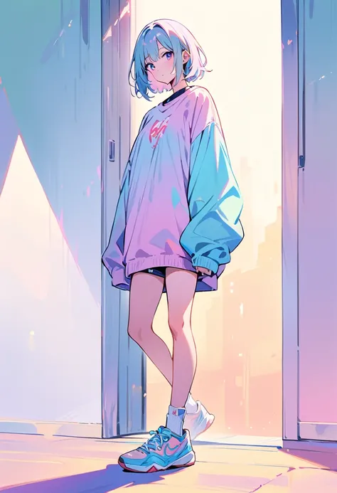 (masterpiece, Highest quality:1.2), 1 Girl, alone, A loose fitting jumper, short, Basketball Shoes, Ankle socks, whole body, pastel colour