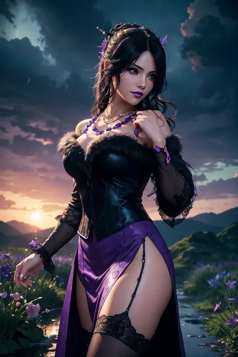 Lulu,Final Fantasy 10,FF10,Black Top,One Length,Let down one side of your bangs,Hide one eye,Beautiful purple eyes,White skin,Purple lips,黒いWith furロングドレス,Long skirt,With fur,Black see-through blouse,Black fishnet stockings,Purple Necklace,super high quali...