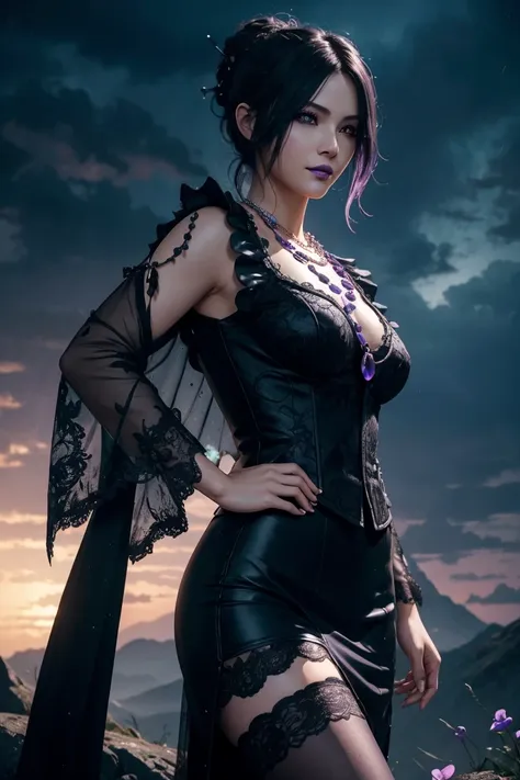 Lulu,Final Fantasy 10,FF10,Black Top,One Length,Let down one side of your bangs,Hide one eye,Beautiful purple eyes,White skin,Purple lips,黒いWith furロングドレス,Long skirt,With fur,Black see-through blouse,Black fishnet stockings,Purple Necklace,super high quali...