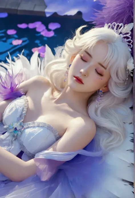 Masterpiece，Dazzling multicolored light，ultra detailed，A girl.，In the flowers，**** a sleeping princess，Earrings，White feather tulle，Long white eyelashes，Extra-long hair is slightly curly，White hair，(Hair takes up the entire frame)，a charming face，Glowing l...