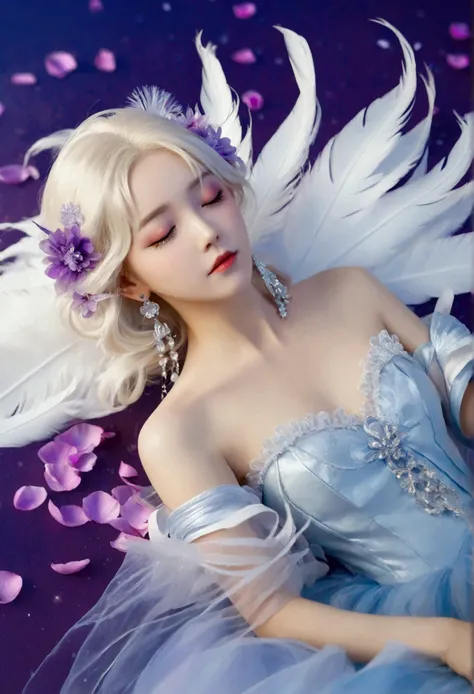 Masterpiece，Dazzling multicolored light，ultra detailed，A girl.，In the flowers，**** a sleeping princess，Earrings，White feather tulle，Long white eyelashes，Extra-long hair is slightly curly，White hair，(Hair takes up the entire frame)，a charming face，Glowing l...