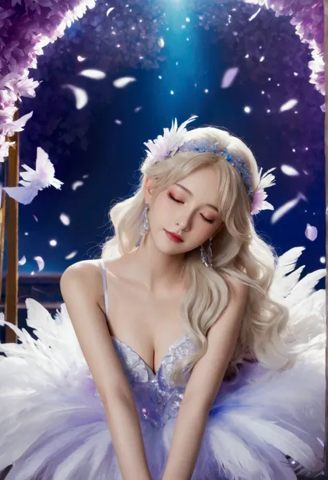 Masterpiece，Dazzling multicolored light，ultra detailed，A girl.，In the flowers，**** a sleeping princess，Earrings，White feather tulle，Long white eyelashes，Extra-long hair is slightly curly，White hair，(Hair takes up the entire frame)，a charming face，Glowing l...