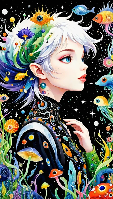 Three-dimensional painting。Elf。Profile，Look up，Raise your chin，Spiky hair，Artists from the stars，Colorful black，A world of color，Dopamine，mouth，A cloud、snails、iris、fish、Tentacles、bird、Eye、diatom，Abstract mosaic painting，Describing the inner world of autism...