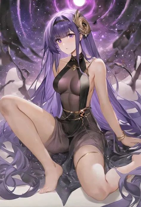 Athena，Extra long purple hair，Purple Eyes，Appearance is that of an adult female，Black one-piece dress，There are small purple and gold decorations，The long jumpsuit is very sexy，barefoot，A black hole in the background universe，Purple black hole