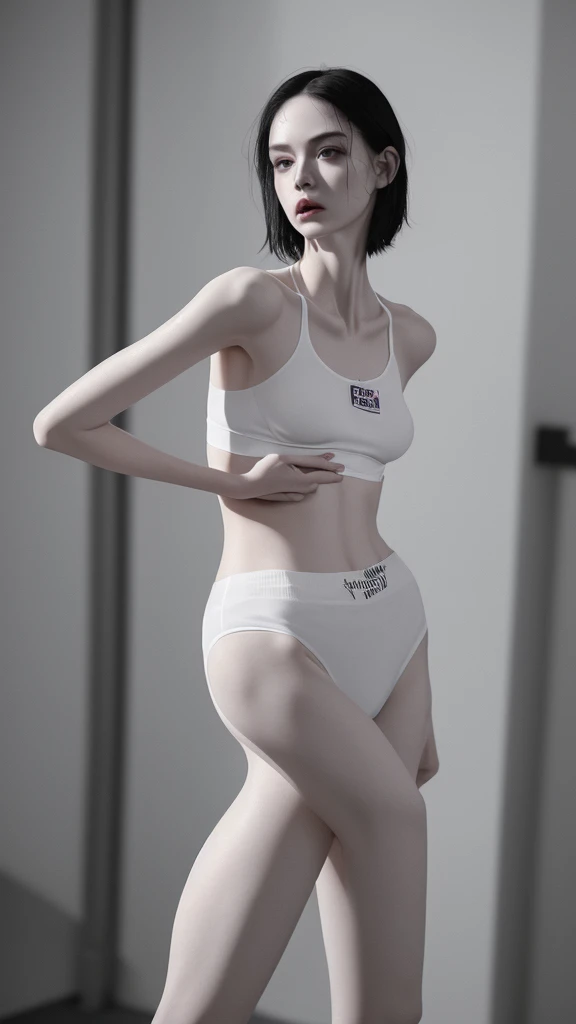 a very thin woman with visible bones, pale white skin, sweaty body, full body view , perfect body slim , sweaty weat body, wearing short sport pant and bra, tatto, in a prison(best quality,4k,8k,highres,masterpiece:1.2)