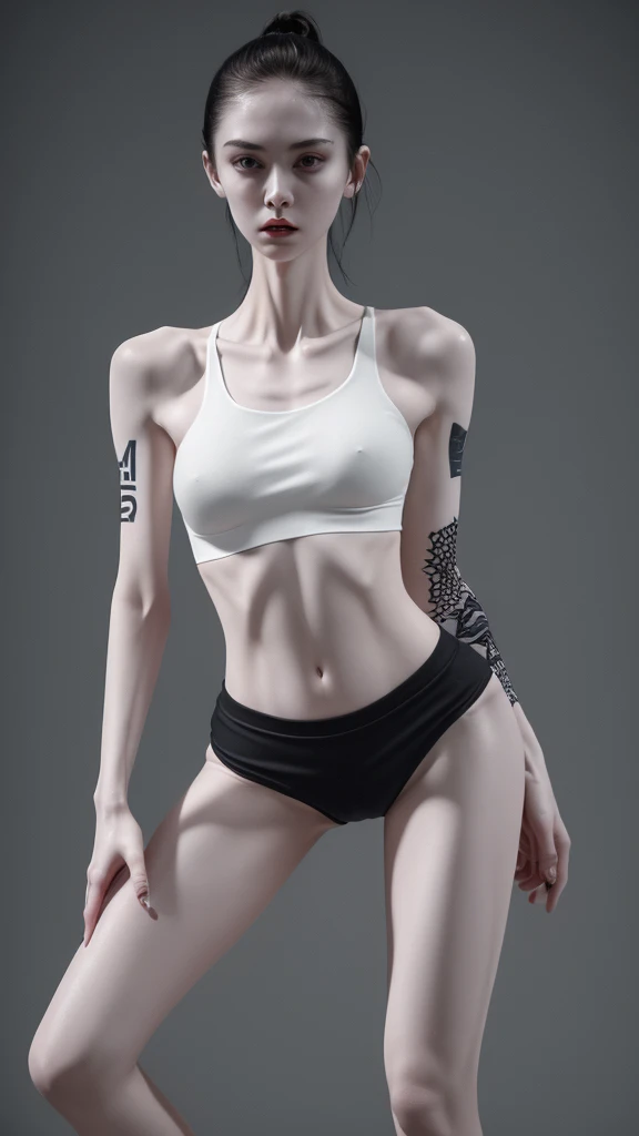 a very thin woman with visible bones, pale white skin, sweaty body, full body view , perfect body slim , sweaty weat body, wearing short sport pant and bra, tatto, in a prison(best quality,4k,8k,highres,masterpiece:1.2)