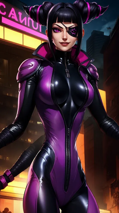 juri , black hair,two-tone hair, hair horns, purple eyes, eyepatch,  
bodysuit, clothing cutout, 
standing, upper body, evil smi...