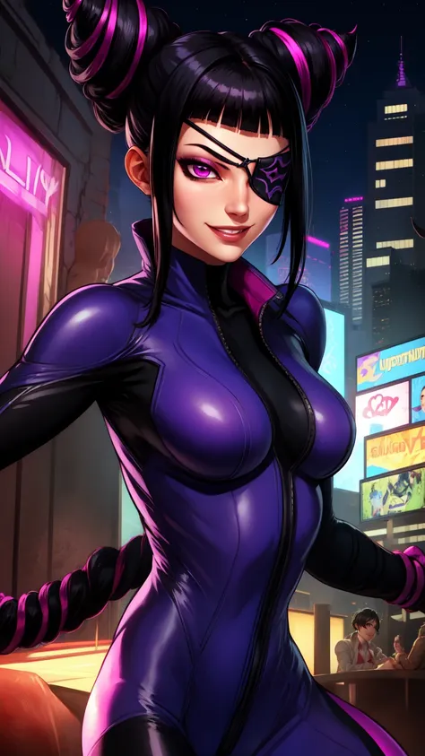 juri , black hair,two-tone hair, hair horns, purple eyes, eyepatch,  
bodysuit, clothing cutout, 
standing, upper body, evil smi...