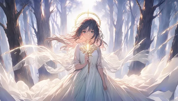 An anime girl standing alone in a dimly lit forest at dawn, with the first light of morning filtering through the trees. She has a determined expression on her face, symbolizing her resolve to break free from the deceit and lies. The forest is shrouded in ...