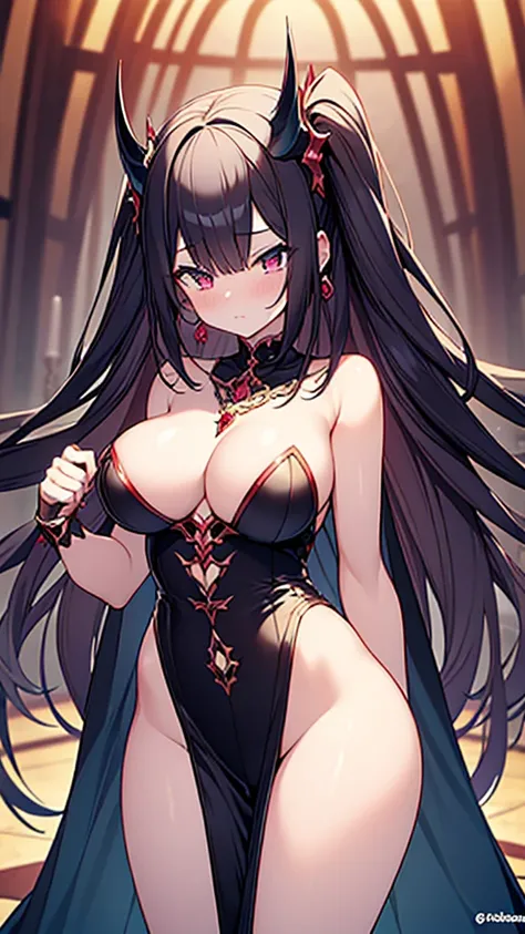 masterpiece,hentai, Naked Girls,favorite,Bouncing and shaking breasts,, 32k,Super detailed,Ultra-detailed,Vibrant breasts, {{The demon queen preyed on a young human princess and took on her adult appearance.}}, Standing Overall View, NSFW