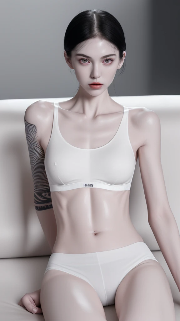 a very thin woman with visible bones, pale white skin, sweaty body, full body view , perfect body slim , sweaty weat body, wearing short sport pant and bra, tatto, sitting in a sofa(best quality,4k,8k,highres,masterpiece:1.2)