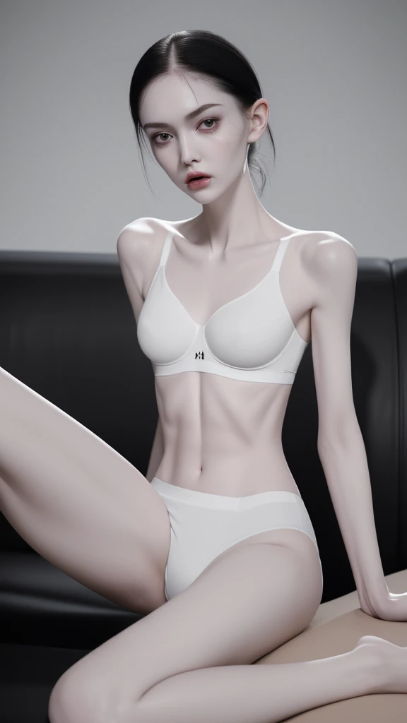 a very thin woman with visible bones, pale white skin, sweaty body, full body view , perfect body slim , sweaty weat body, wearing short sport pant and bra, tatto, sitting in a sofa(best quality,4k,8k,highres,masterpiece:1.2)