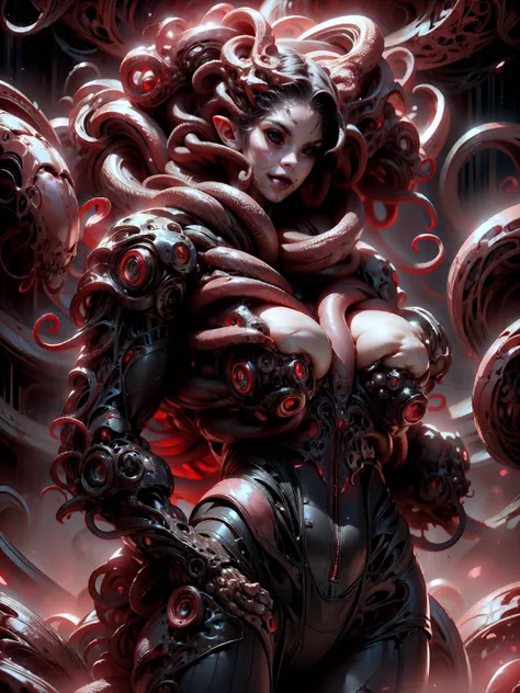 (beautiful girl:1.25), (megan fox:1.25), (young bodybuilder girl wearing cybernetic muscle suit:1.25), (medusa head with tentacles:1.25), carnage muscular physique, seductive face, mouth wide open carnage style, long red hair, perfect muscular body, super ...