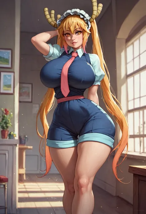 1girl, solo, masterpiece, best quality, detailed, narrow waist, wide hips, huge breasts, huge ass, score_9, score_8_up, score_7_up, tohru (maidragon)