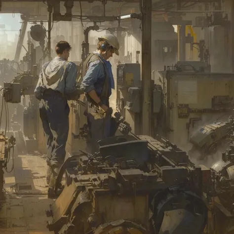 A picture of a man working with machines in a factory, Summer Morning, By Rudolf Schlichter, Marcello Baccialelli, early morning, John Alexander, Hernan Law, Inspired by Józef Pankiewicz, Written by Saul Tepper, Sunday afternoon, By Robert Berenyi, alexey ...