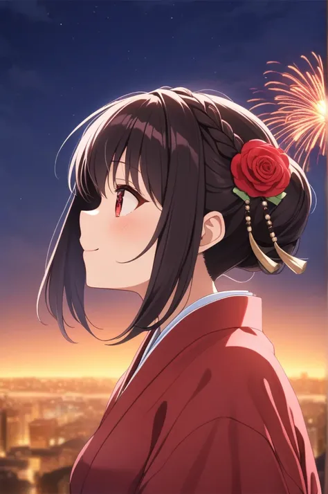 alone, One girl、Crown braids in the same color as your hair, hair ornaments, Hair Ribbon,(A light blue kimono with a red floral pattern and a red obi.)、Red Eyes、Black Hair、(blush:1.6)、(Profile of a smiling face with his mouth open:1.6)、Larger breasts、(The ...