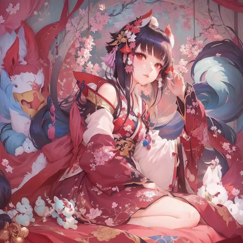 anime girl sitting on a bed with a bunch of stuffed animals, The Detailed Art of the Onmyoji, onmyoji, Anime fantasy illustration, Anime fantasy artwork, Beautiful anime artwork, Zerochan Art, Artistic rendering of Reimu Hakurei, Pixiv contest winner, Pixi...