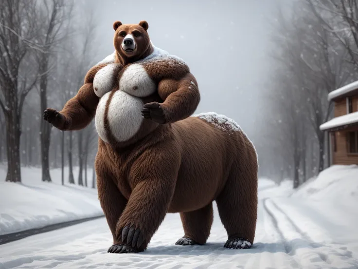 furry, fur taur, beartaur, middle-age, solo, detailed face, bear ears, bear eyes(brown), bear nose(black), bear mouth, garibaldi beard(white), mature hair(white), detailed arms, thick arms, muscular, thick hands(5 fingers), detailed body belly, thick body,...