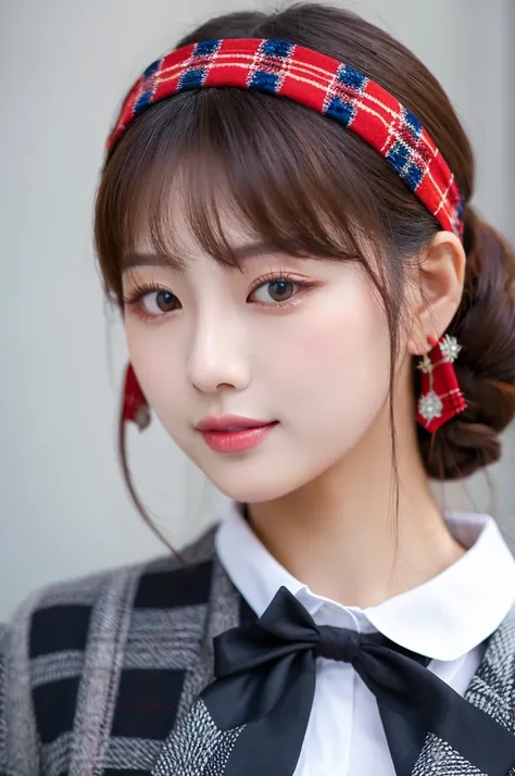 best quality，masterpiece,Taiwanese beauty，23 years old，Pure，Exquisite Korean makeup，Beautiful hairstyle，Korean girl group members，Exquisite face shape，Red plaid top，red kilt，Blue bow headband