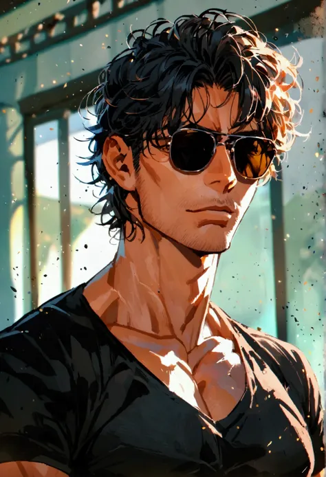 A handsome man with a tall texture and a sturdy and slim body, wearing a tight black t-shirt and showing his muscular shape, wearing sunglasses, like Gojo Satoru but with neat and charming hair. 