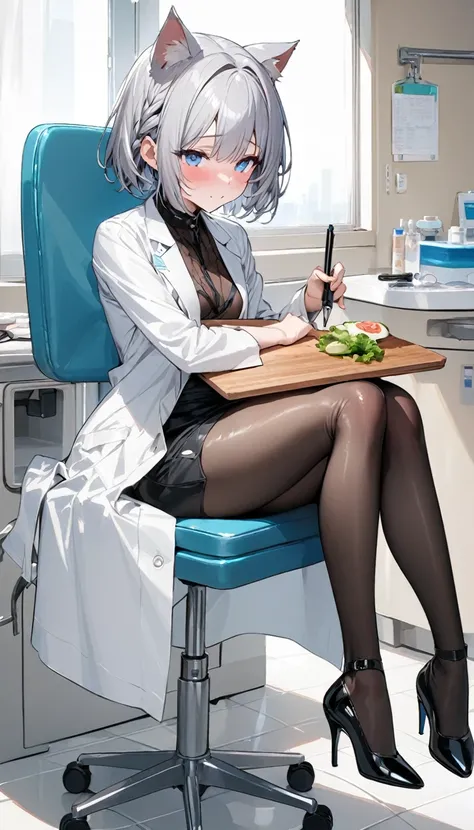 (nup, lab coat:1.2)、1girl、(((best quality)), ((masterpiece)), (details), masterpiece, best quality, high quality, ulutra detailed, perfect face, ((1girl, blue eyes, cat ears: 1.3 silver bob hair: 2.5,))、Shiny Hair、Glowing Skin、blush、Lustful look、White、Whit...