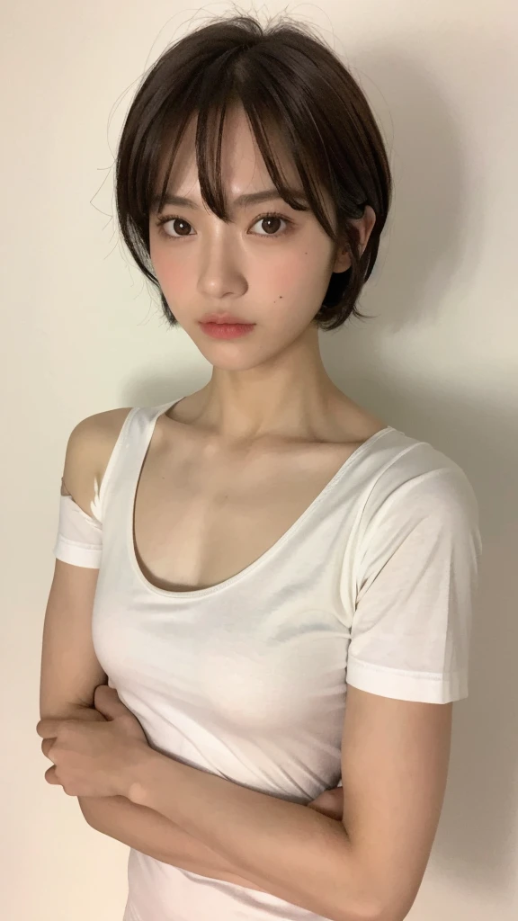 （real， High resolution：1.3）， short hair， A cross-dressing man wearing a plain white T-shirt、Dark Room、Collarbone and hands are muscular、the skin is dark、Dark eyebrows、Dim lighting、The shoulders are wide、The background is clear