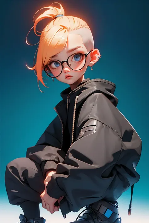 Blind Box,Simple Background,Extraordinary wide portrait of microscopic unknown little small クール cyberpunk alien species over orange tech style of high tech fashion professional photography, 8K, White Blonde Hair，Shaved head,Boy with futuristic glasses，Blac...