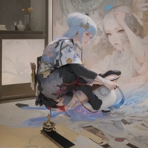 There is a woman sitting on a chair with a clock on it., James Jean and Urop, Inspired by Otake&#39;s bamboo leaves, James Jean and Petra Cortright, Krentz Kuschaert and Wenjun Lin, Makoto Kobayashi, Anime girl crouching, Inspired by Yanjun Chen, Sakimi-ch...