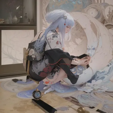 There is a woman sitting on a chair with a clock on it., James Jean and Urop, Inspired by Otake&#39;s bamboo leaves, James Jean and Petra Cortright, Krentz Kuschaert and Wenjun Lin, Makoto Kobayashi, Anime girl crouching, Inspired by Yanjun Chen, Sakimi-ch...