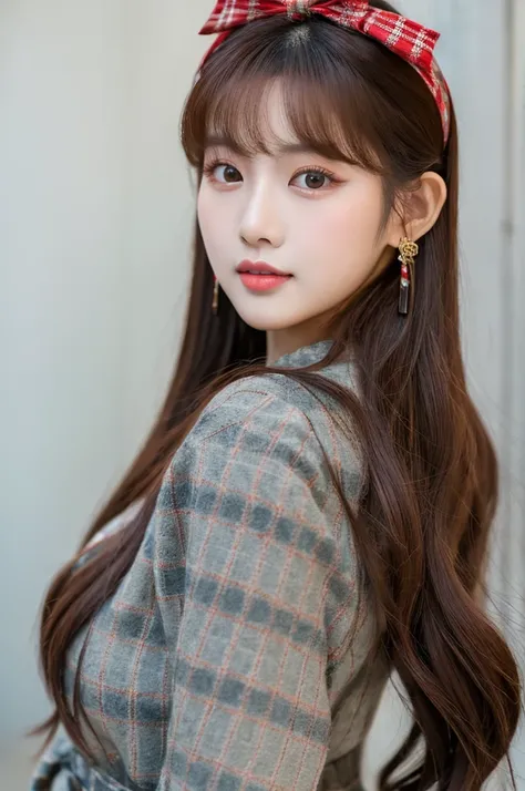 best quality，masterpiece,Taiwanese beauty，23 years old，Pure，Exquisite Korean makeup，Beautiful hairstyle，Korean girl group members，Exquisite face shape，Red plaid top，red kilt，Blue bow headband，full-body shot