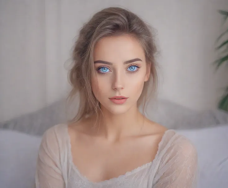 arafed woman with blue eyes sitting on a bed in a bedroom., foto de una beautiful woman, soft portrait 8k, beautiful face portra...