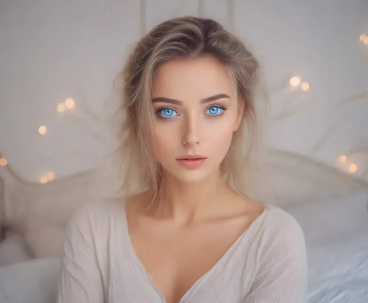 arafed woman with blue eyes sitting on a bed in a bedroom., foto de una beautiful woman, soft portrait 8k, beautiful face portra...