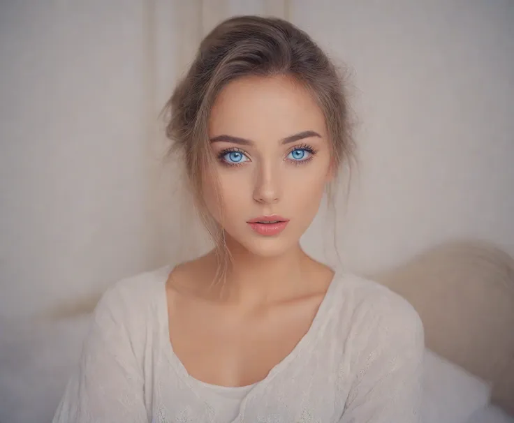 arafed woman with blue eyes sitting on a bed in a bedroom., foto de una beautiful woman, soft portrait 8k, beautiful face portra...