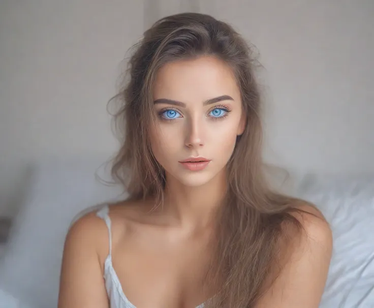 arafed woman with blue eyes sitting on a bed in a bedroom., foto de una beautiful woman, soft portrait 8k, beautiful face portra...