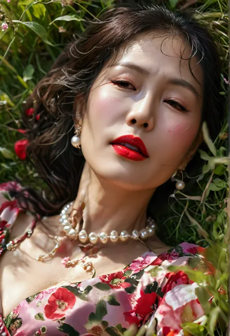 Beautiful mature Japanese woman aged 55, Long eyelashes, Super long hair, Red lipstick, Pink Cheeks, Pearl Necklace, Earrings, Dark eyeshadow, Cleavage, Floral dress, grassland, Lying on pasture, Sleep on your back, Reaching out, (Full Body Focus)