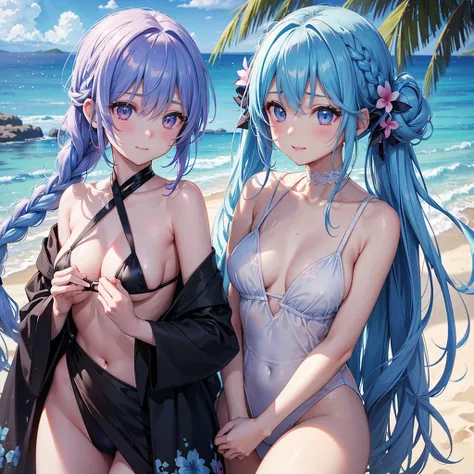 (Sky blue medium hair),(Braided hair tied together)、Pink eyes、Fair skin、(whole body)、(One Girl)、Black Swimsuit、Small breasts、Stylish sunglasses、Shining white sand beach in midsummer、Hawaiian Ocean、A big smile、、(masterpiece、Highest quality、Very detailed、Bes...