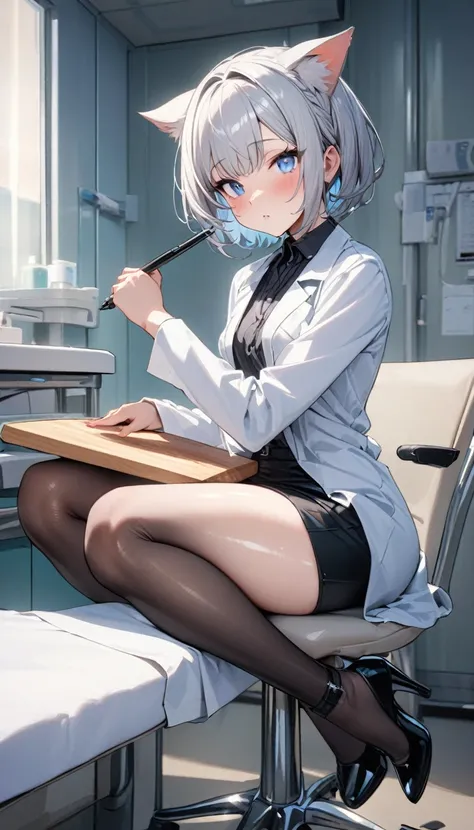 (nup, lab coat:1.2)、1girl、(((best quality)), ((masterpiece)), (details), masterpiece, best quality, high quality, ulutra detailed, perfect face, ((1girl, blue eyes, cat ears: 1.3 silver bob hair: 2.5,))、Shiny Hair、Glowing Skin、blush、Lustful look、White、Whit...