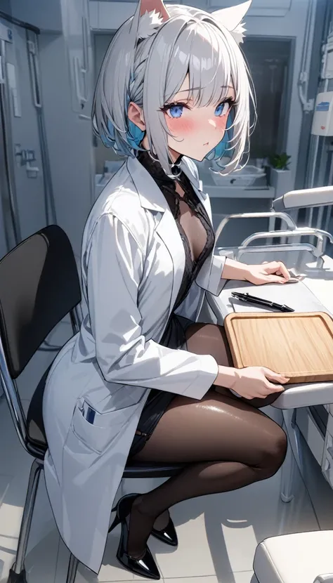 (nup, lab coat:1.2)、1girl、(((best quality)), ((masterpiece)), (details), masterpiece, best quality, high quality, ulutra detailed, perfect face, ((1girl, blue eyes, cat ears: 1.3 silver bob hair: 2.5,))、Shiny Hair、Glowing Skin、blush、Lustful look、White、Whit...