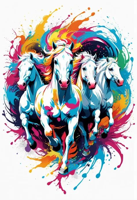 A t-shirt with vector art of a colorful illustration of running white horses, At the center, swirly vibrant colors, paint splashes and smears, high détail,White background
(artwork, best quality, proffesional, perfect composition, very aesthetic, absurdrez...