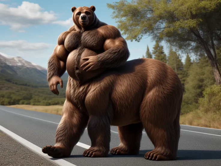 furry, fur taur, beartaur, middle-age, solo, detailed face, bear ears, bear eyes(brown), bear nose(black), bear mouth, garibaldi beard(white), mature hair(white), detailed arms, thick arms, muscular, thick hands(5 fingers), detailed body belly, thick body,...