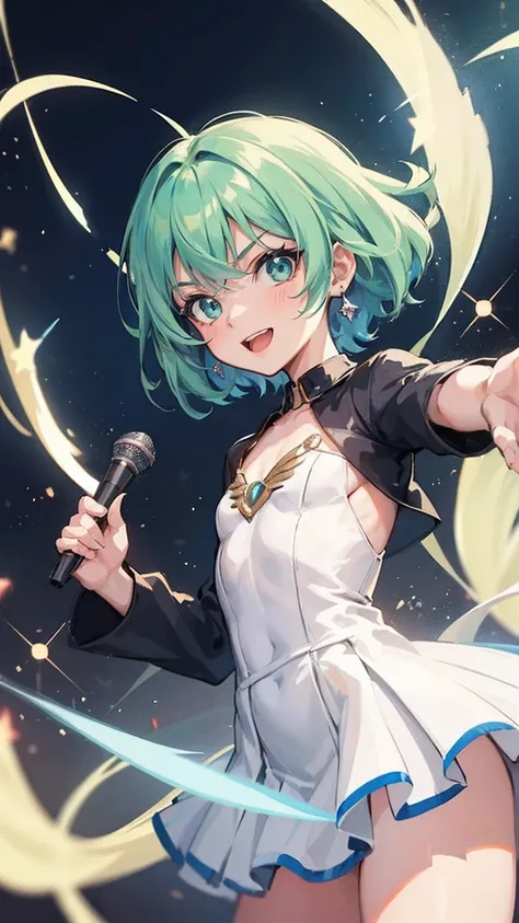 One girl, hair between eyebrows, anime woman with blue-green hair, arena, live music, singing, holding microphone, jumping, live costume, break anime style, anime style, young anime woman, smiling, semi short hair, digital anime illustration, bangs, crysta...